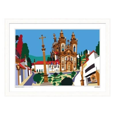 Ilustração colorida de edifício barroco numa praça com colunas e vegetação