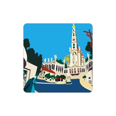 Ilustração estilizada de santuário religioso com torre e estátuas no céu azul