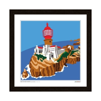 Imagem estilizada do Farol do Cabo de São Vicente com falésias e mar azul