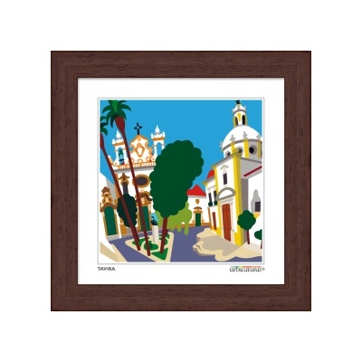 Quadro ilustrado colorido de uma rua em Tavira com árvores e edifícios