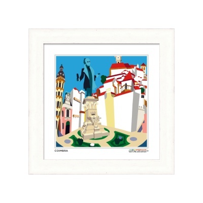 Ilustração estilizada da cidade de Coimbra em quadro branco