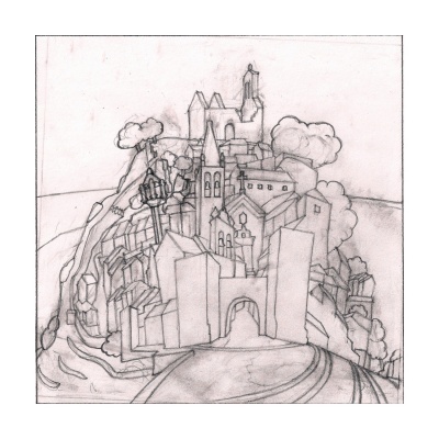 Desenho a lápis de uma cidade em colina com torres e arcos