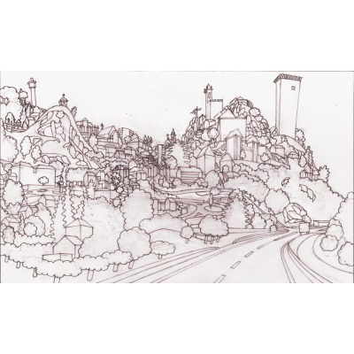 Desenho a tinta de paisagem urbana com estrada e edifícios em colinas