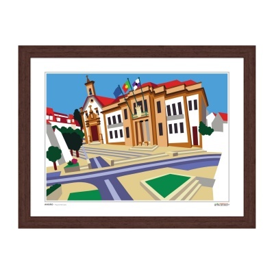 Quadro de impressão digital de edifício histórico com moldura de madeira castanha