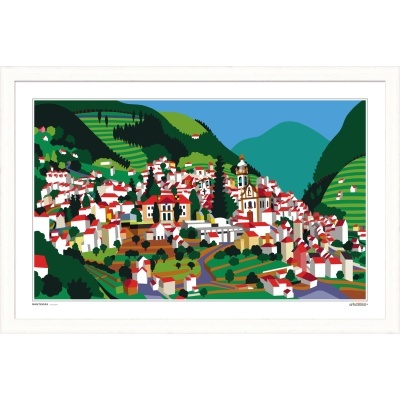 Ilustração gráfica colorida de uma vila em colinas com casas de telhados vermelhos e igreja, moldura branca.