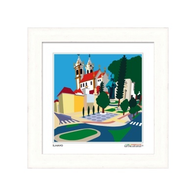 Quadro branco com imagem gráfica colorida de paisagem urbana e igreja com duas torres.
