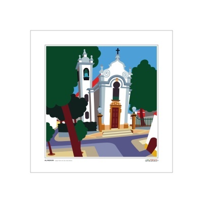 Ilustração digital colorida de uma igreja com árvores