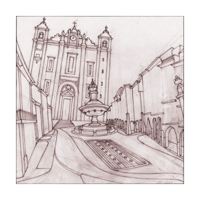 Desenho a lápis de praça com fonte central e igreja ao fundo