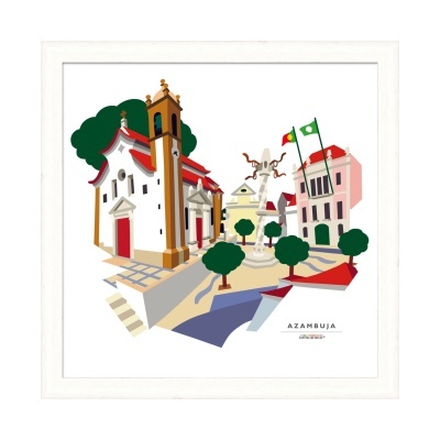 Ilustração colorida de Azambuja com igreja, árvores e fontes numa moldura branca