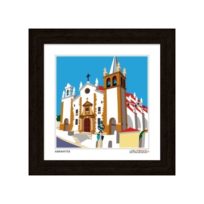 Arte digital colorida de igreja em moldura preta com texto ABRANTES e urbe e natureza.
