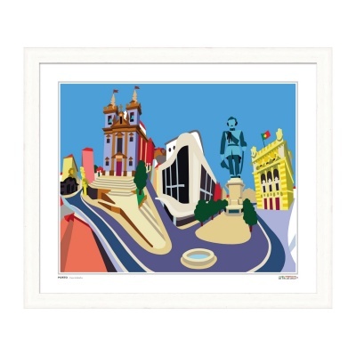 Gravura colorida estilizada de edifícios e estátua urbana emoldurada em branco