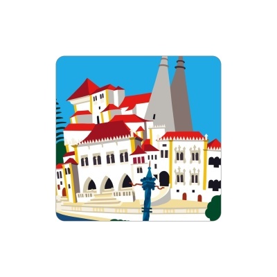 Ilustração estilizada de palácio com telhados vermelhos e torres altas