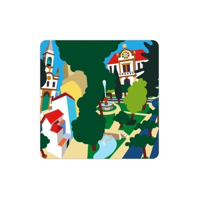 Ilustração de paisagem urbana com edifícios, árvores e fonte