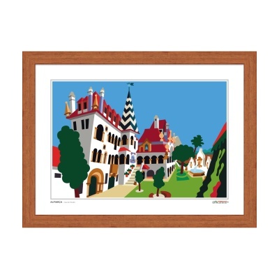 Quadro decorativo com imagem de edifícios estilizados e árvores