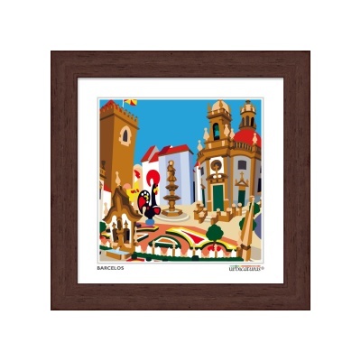 Ilustração colorida de Barcelos numa moldura castanha