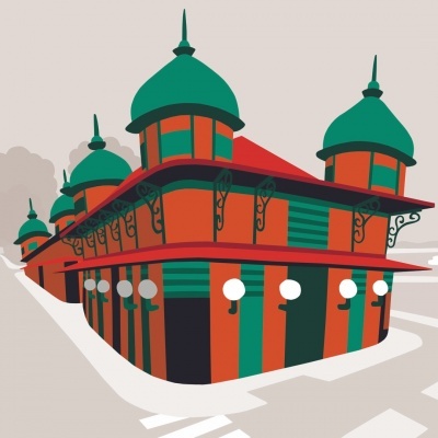 Ilustração de edifício com cúpulas verdes e paredes vermelhas e verdes