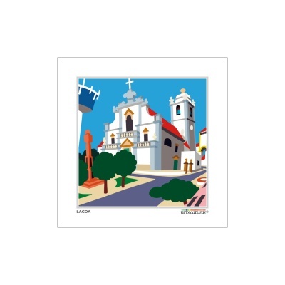 Desenho colorido de edifício branco com telhado vermelho, árvores e estátua, texto 'LAGOA'