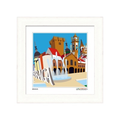 Quadro decorativo ilustrativo da cidade de Braga com edifícios coloridos e fonte