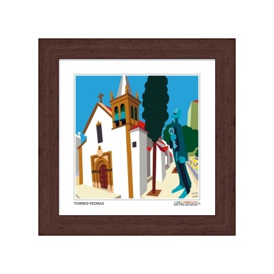 Quadro com imagem estilizada de igreja e figura azul, texto 'TORRES VEDRAS'