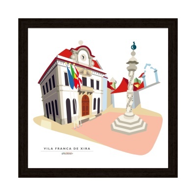 Ilustração colorida emoldurada de edifício com telhado vermelho e bandeiras, escultura cinzenta, texto Vila Franca de Xira