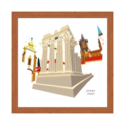 Ilustração de monumento com colunas e edifícios históricos em moldura de madeira