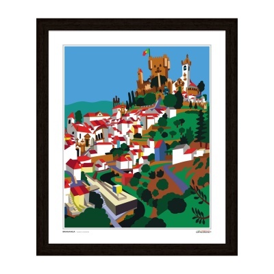 Poster emoldurado com ilustração estilizada de vila em colina com castelo e casas brancas e vermelhas