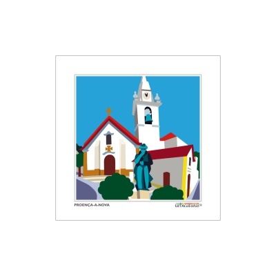Ilustração de igreja e estátua em Proença-a-Nova, Portugal