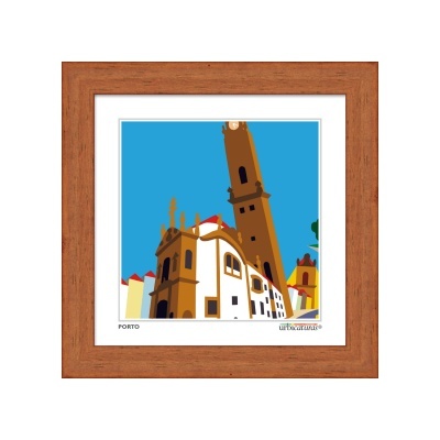 Imagem gráfica colorida de edifício histórico emoldurada em madeira