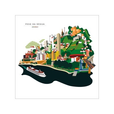 Ilustração colorida urbana e natural de Peso da Régua com barco no rio