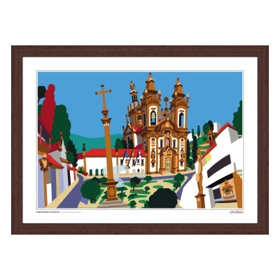 Ilustração colorida de igreja barroca com torres e cruz, rodeada por edifícios e vegetação, emoldurada