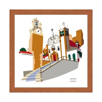 Ilustração digital de edifícios históricos coloridos emoldurada por madeira