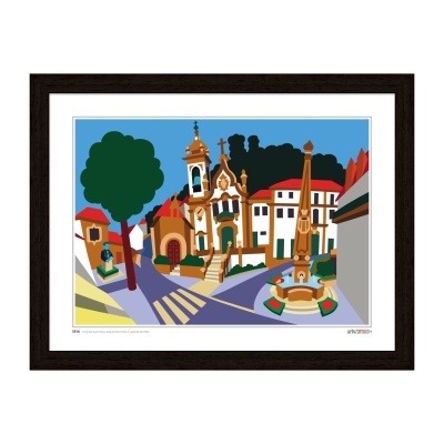 Ilustração colorida de cenário urbano com edifícios históricos e uma fonte em moldura castanha