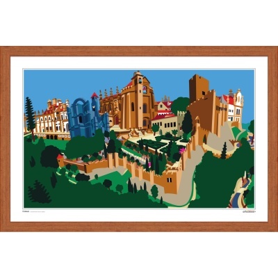 Ilustração digital colorida de edifícios históricos fortificados emoldurados em madeira castanha