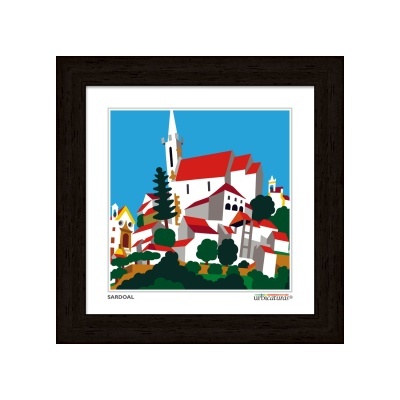 Quadro ilustrativo colorido de vila com casas brancas e telhados vermelhos em moldura preta