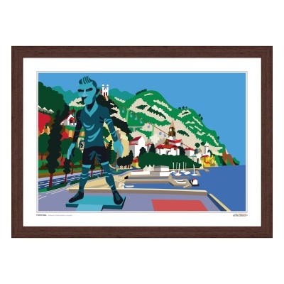 Gravura ilustrada colorida da baía de Funchal com estátua de Cristiano Ronaldo e paisagem urbana com mar e colinas verdes