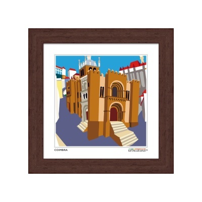 Quadro ilustrativo de edifícios históricos em Coimbra com moldura de madeira