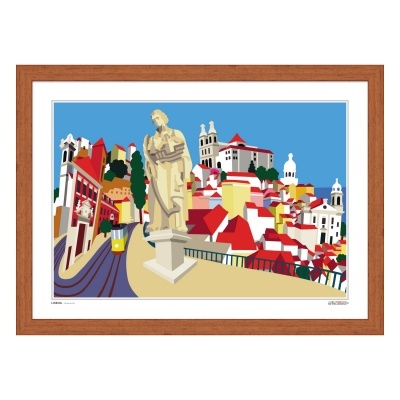 Ilustração colorida de cidade com estátua em moldura de madeira