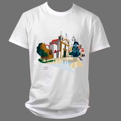 T-shirt branca com estampa colorida de edifício histórico e texto Lagos Algarve Portugal