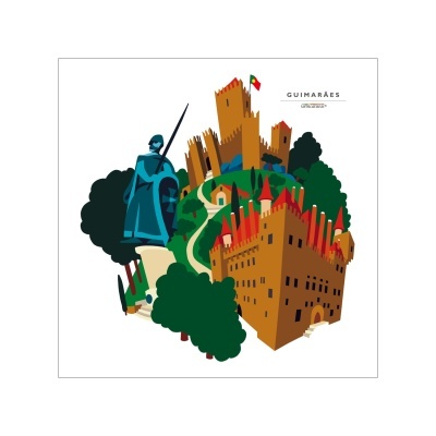 Ilustração de castelos e estátua em Guimarães, Portugal