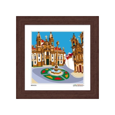 Quadro com imagem estilizada de edifícios históricos em Braga com fonte circular