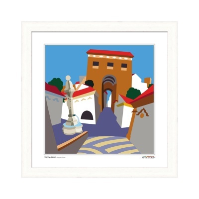 Arte digital minimalista de edifícios com torre e céu azul emoldurada