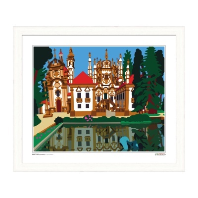 Impressão artística de edifício histórico com reflexo em água, em moldura branca