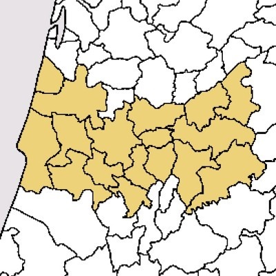 Mapa geográfico com regiões delimitadas e algumas destacadas em castanho claro