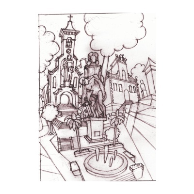 Desenho a lápis de uma praça com estátuas, igreja, árvores e fonte