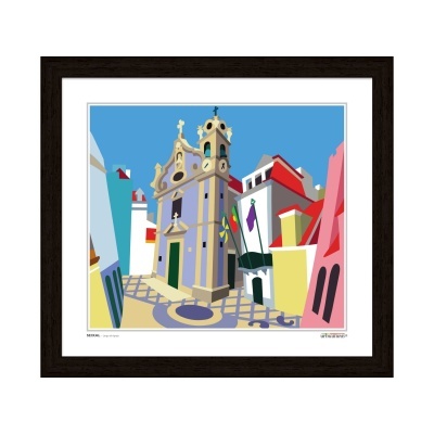 Ilustração colorida de uma rua com edifícios, incluindo uma igreja, em moldura castanha escura