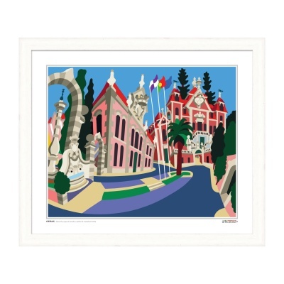 Quadro branco com ilustração colorida de edifícios e rua