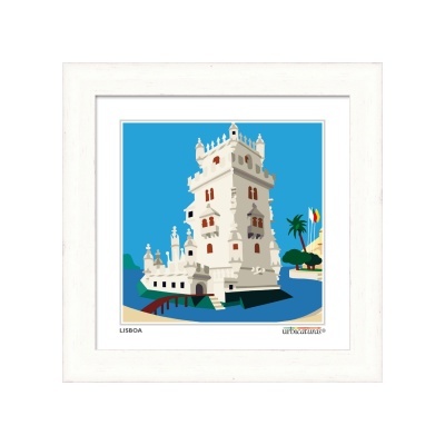 Ilustração do Torre de Belém em Lisboa numa moldura branca