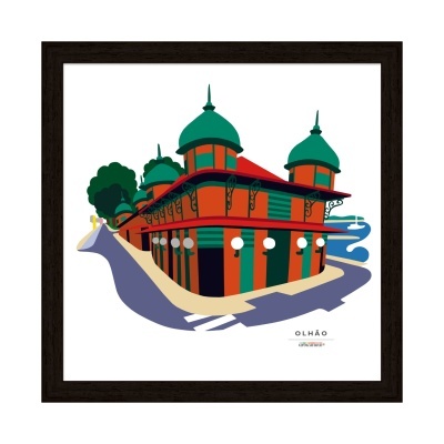 Ilustração de um edifício colorido com cúpulas verdes e texto OLHÃO