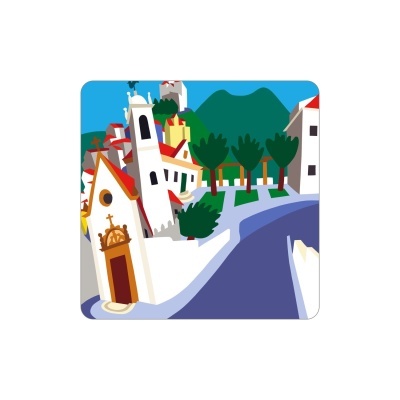 Desenho colorido de vila com igreja e árvores