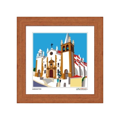Gravura colorida da igreja de Abrantes com moldura em madeira castanha